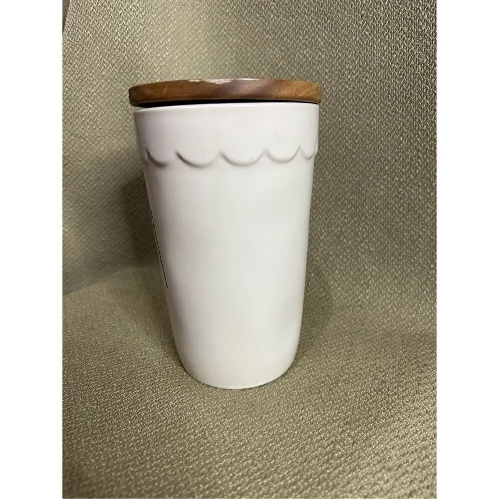 Rae Dunn TEA Cellar Canister Storage Ivory Brown Wood Lid Farmhouse 7” X 4”